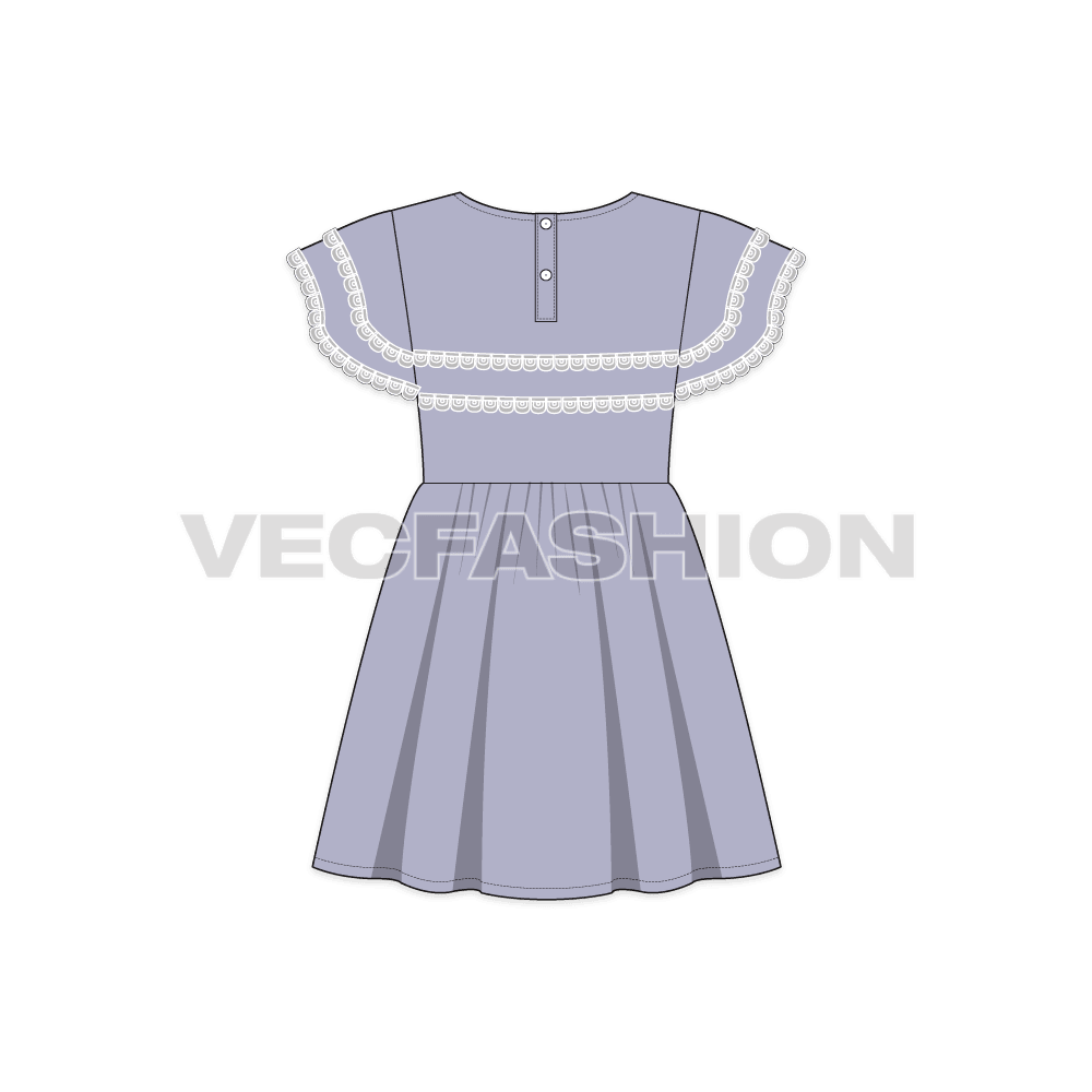 Kids girls frock, lilac lace flat sketch, back view