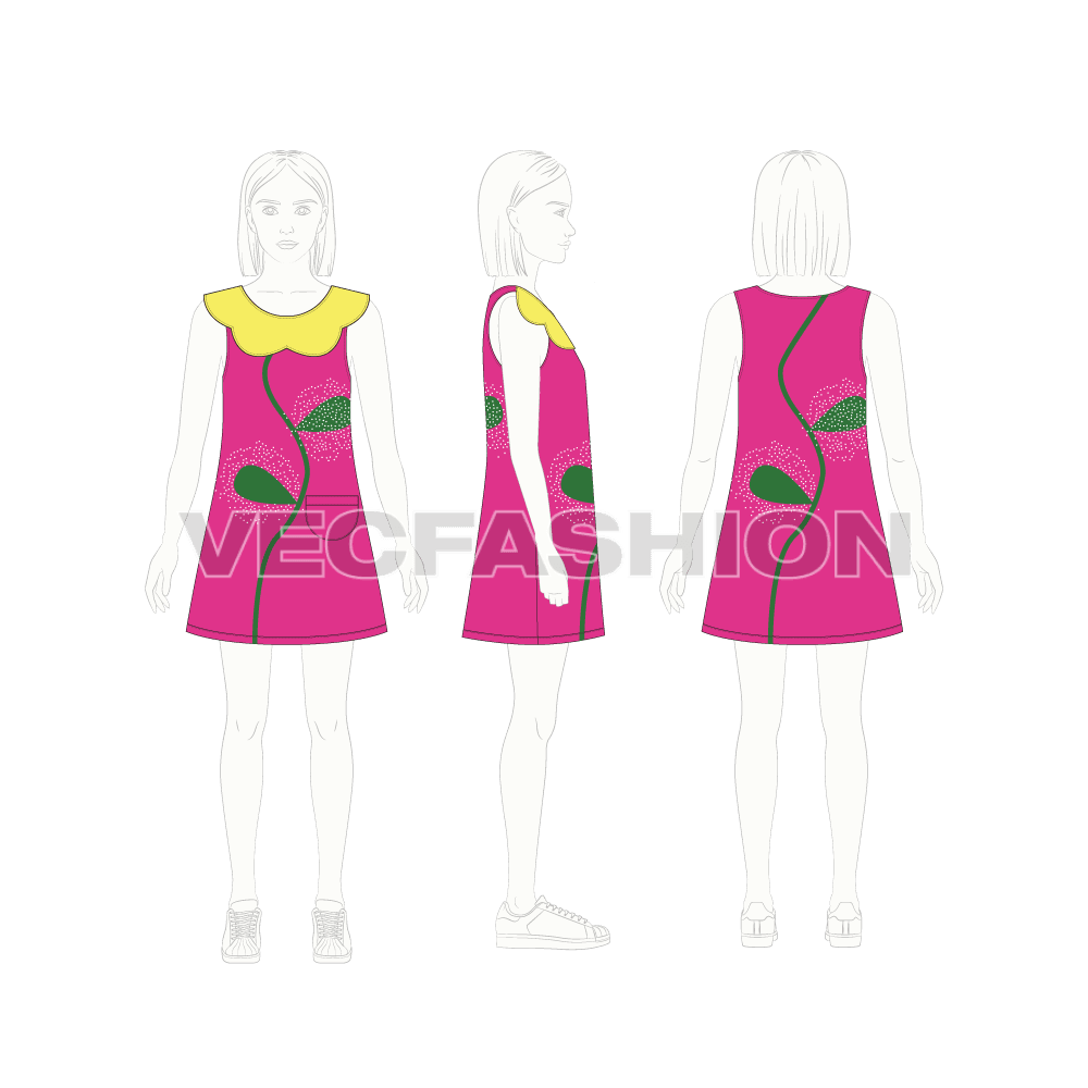Kids girls frock, flower collar flat sketch, croqui sketch