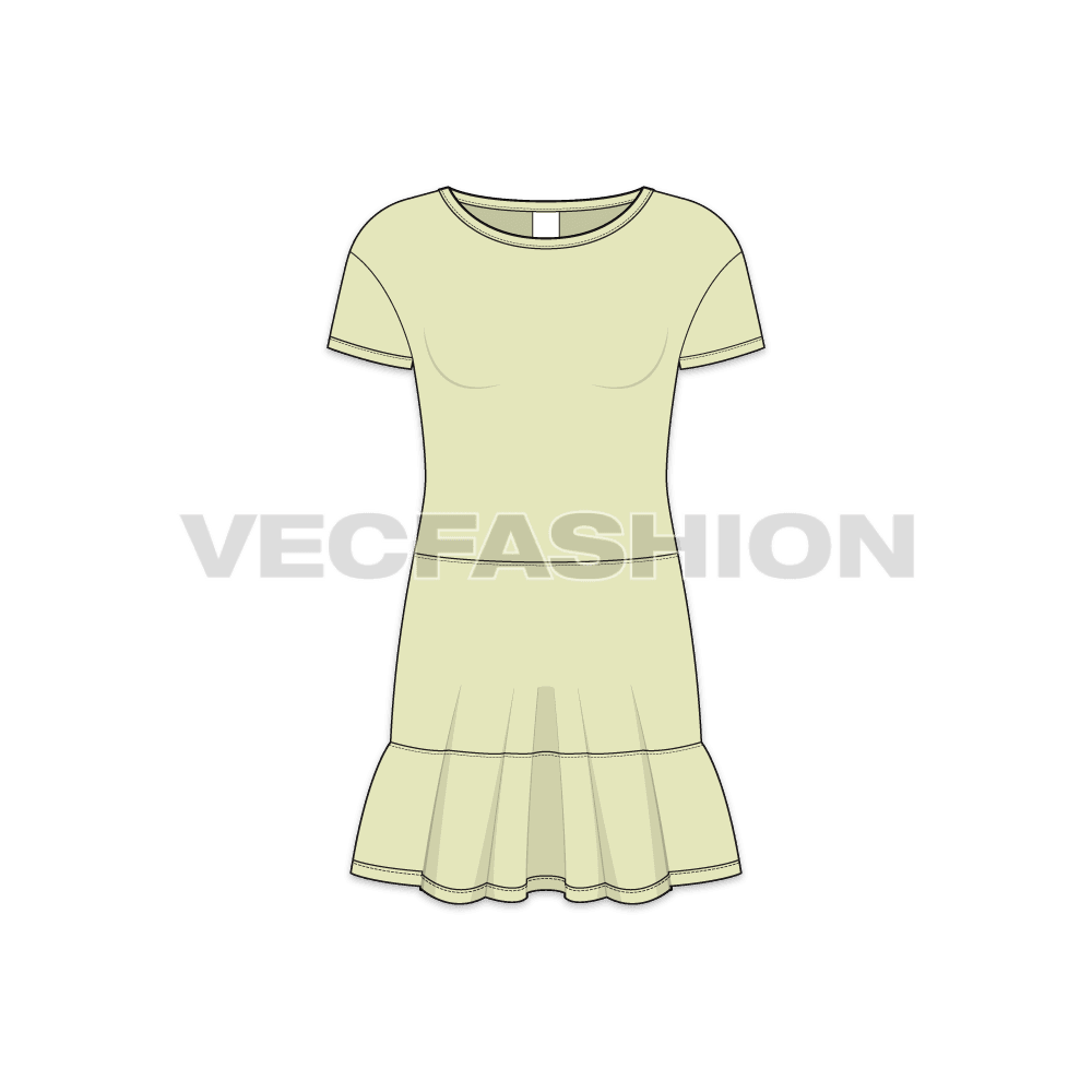 Kids girls frock, ruffled flat sketch, front view