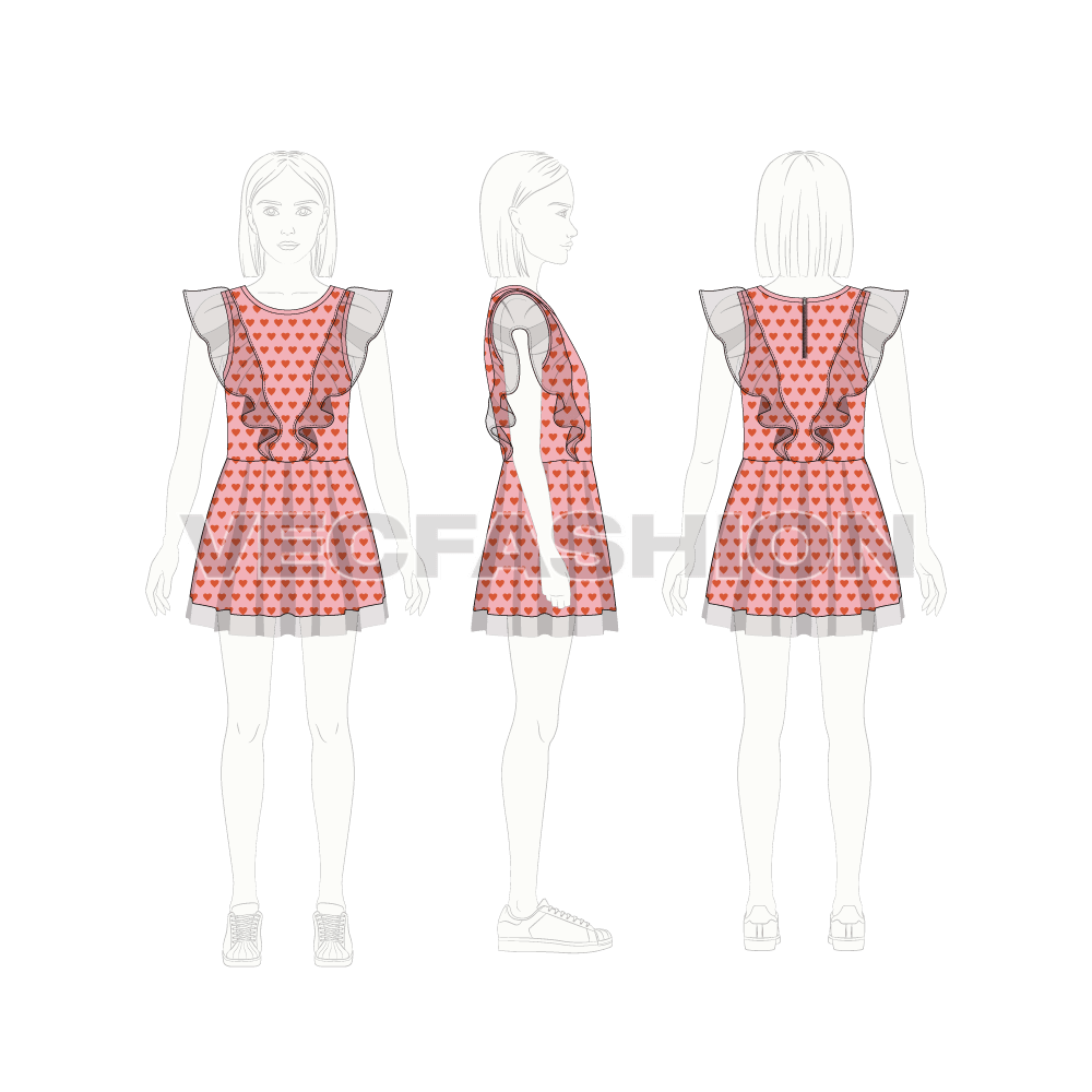 Kids girls frock, fairy wing flat sketch, croqui sketch