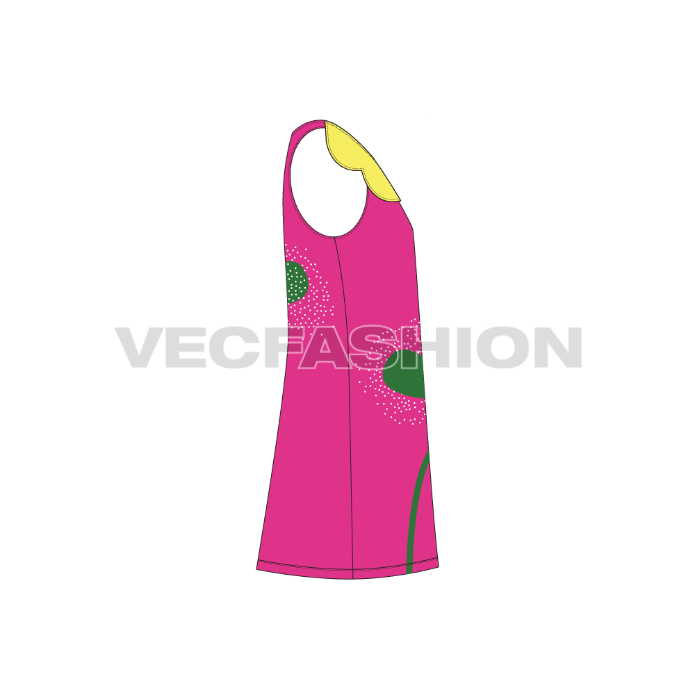 Kids girls frock, flower collar flat sketch, side view