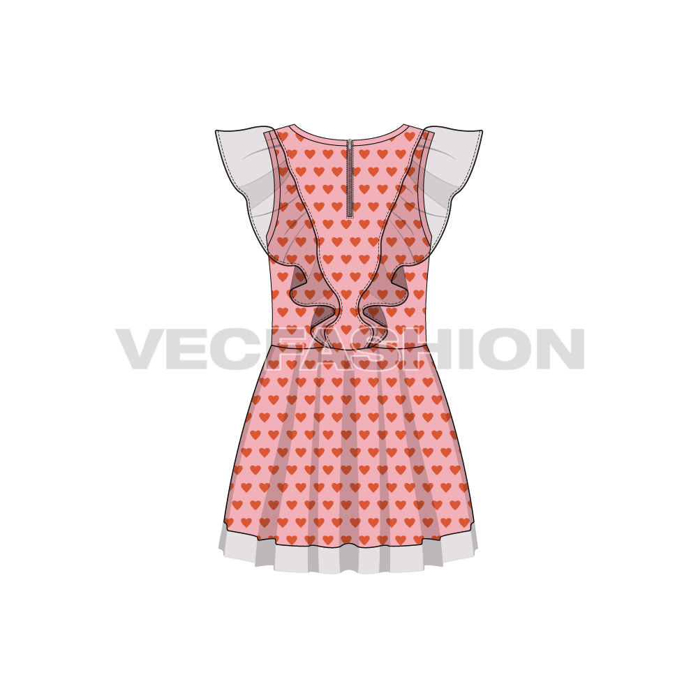 Kids girls frock, fairy wing flat sketch, back view