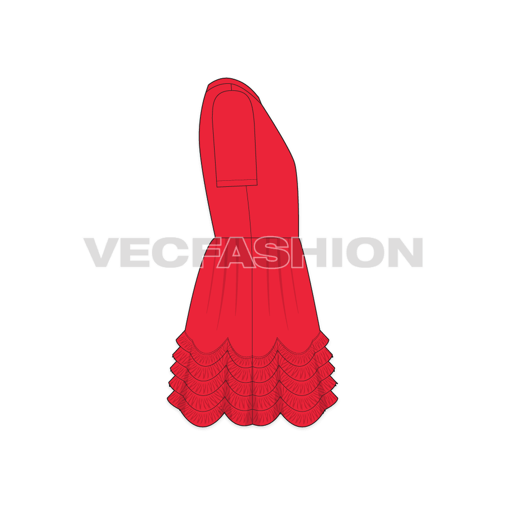 Kids girls layered dress flat sketch, side view