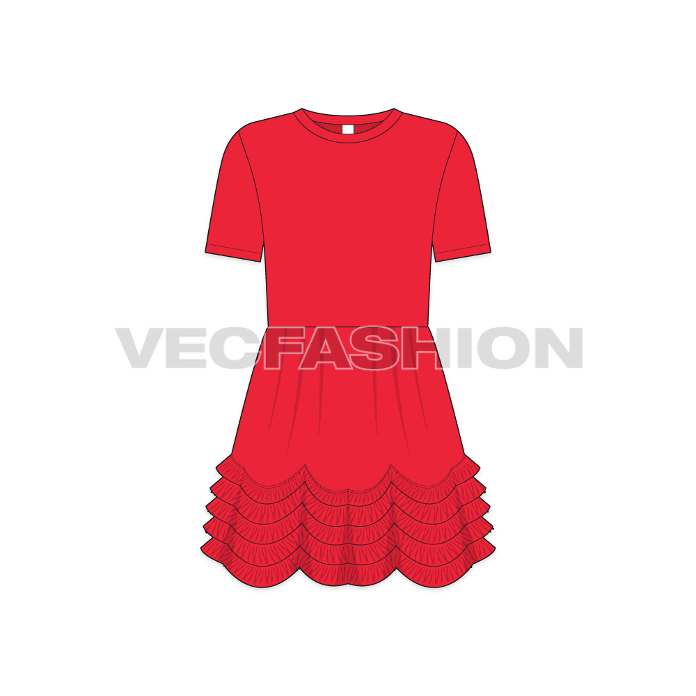 Kids girls layered dress flat sketch, front view