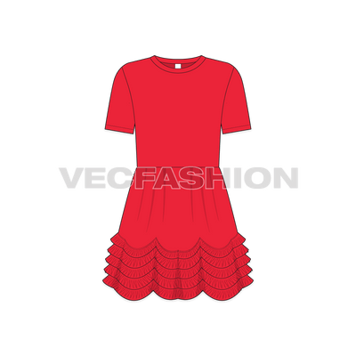 Kids girls layered dress flat sketch, front view