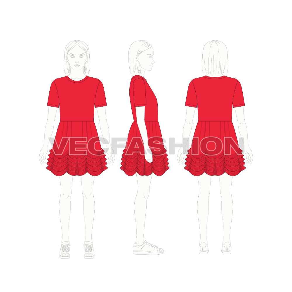 Kids girls layered dress flat sketch, croqui sketch