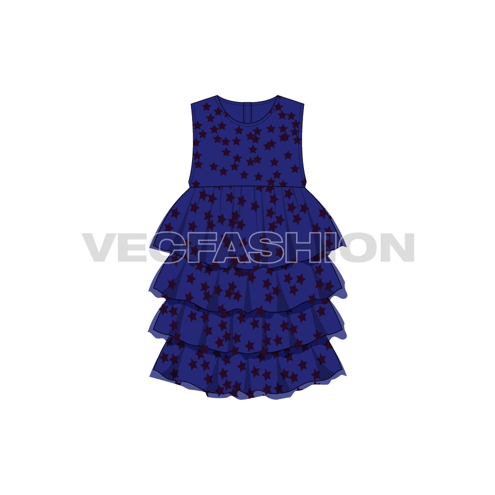 Kids girls layered frock flat sketch, front view