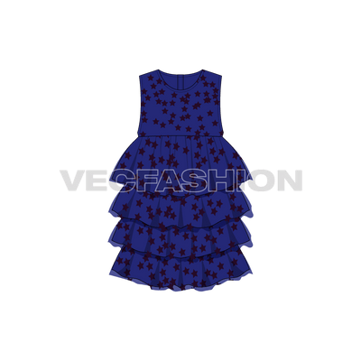 Kids girls layered frock flat sketch, front view