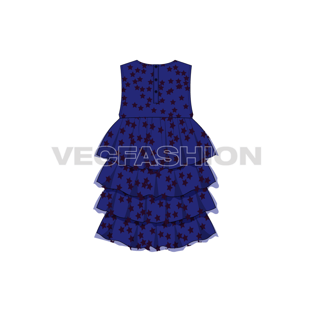 Kids girls layered frock flat sketch, back view