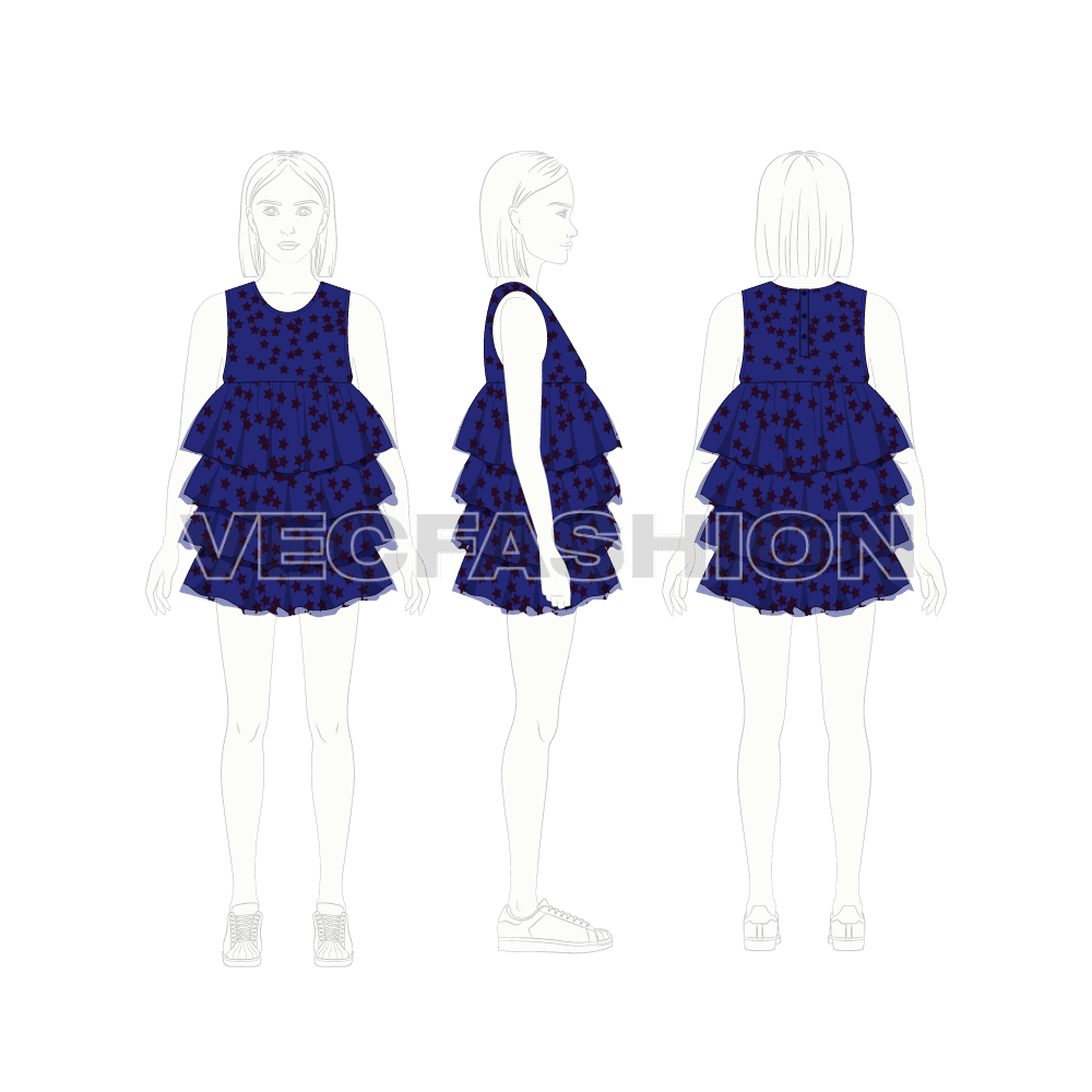 Kids girls layered frock flat sketch, croqui sketch
