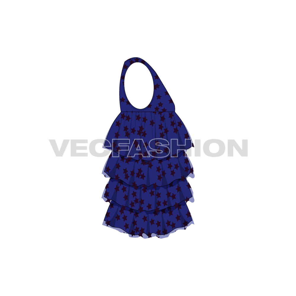 Kids girls layered frock flat sketch, side view