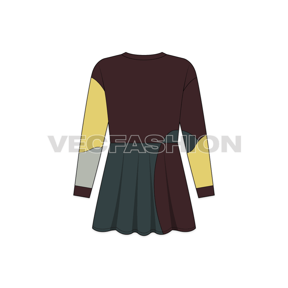 Kids girls patch work frock flat sketch, back view