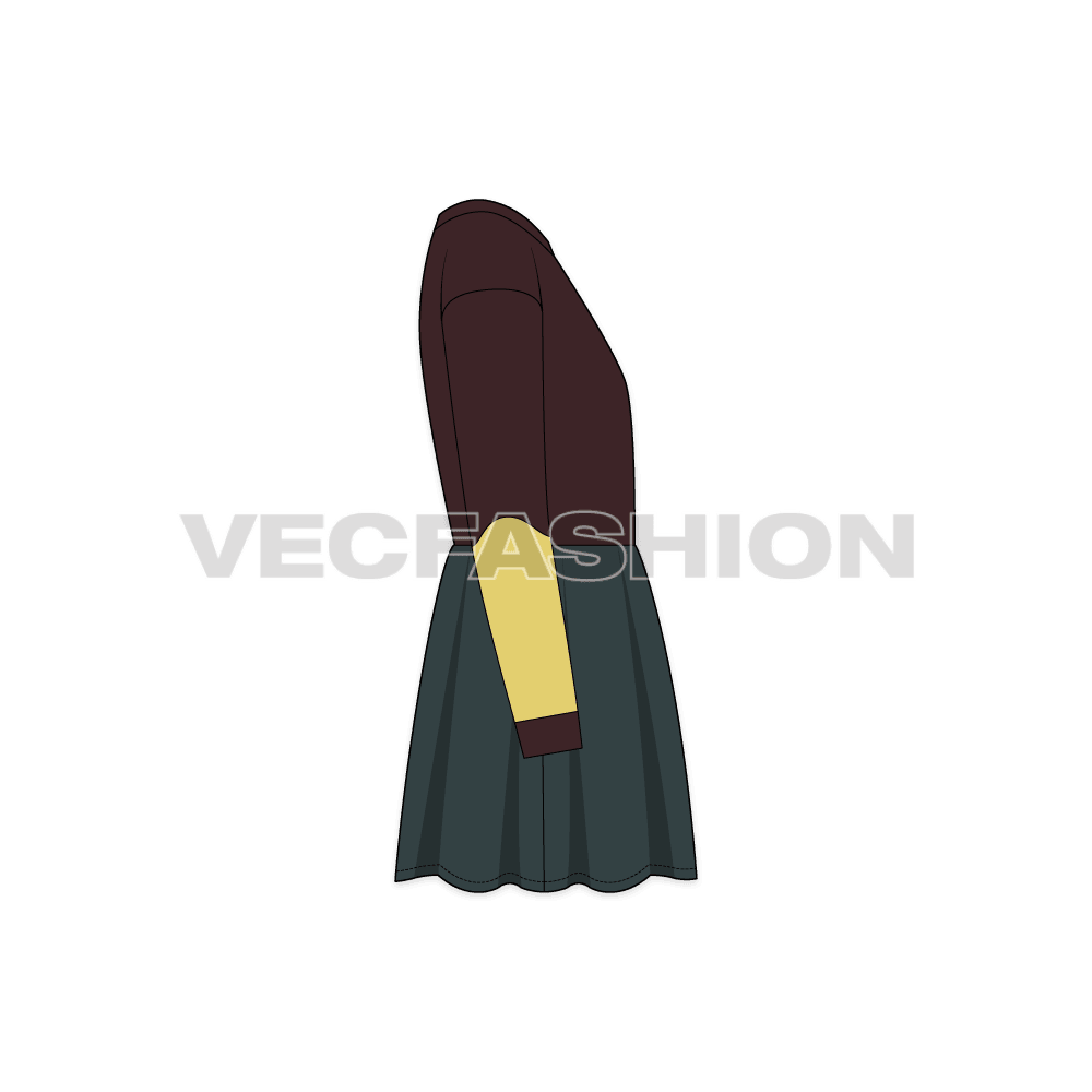 Kids girls patch work frock flat sketch, side view