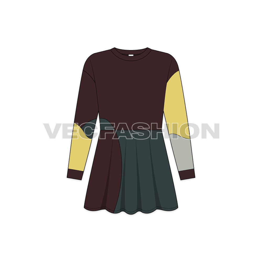 Kids girls patch work frock flat sketch, front view