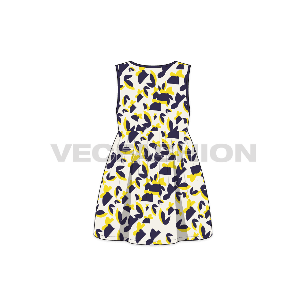 Kids girls printed frock flat sketch, back view