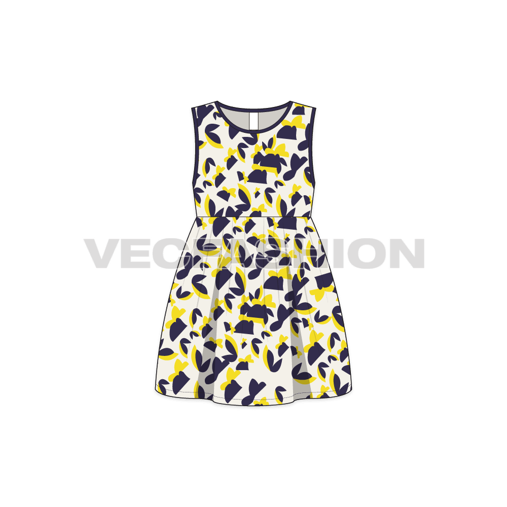 Kids girls printed frock flat sketch, front view