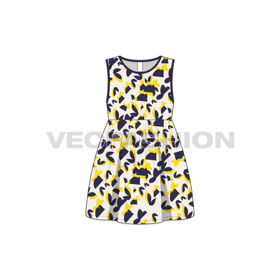 Kids girls printed frock flat sketch, front view