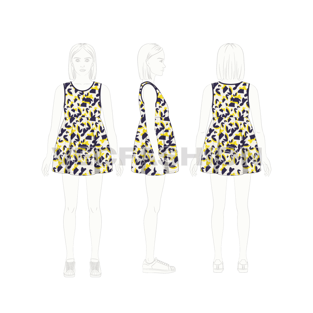 Kids girls printed frock flat sketch, croqui sketch