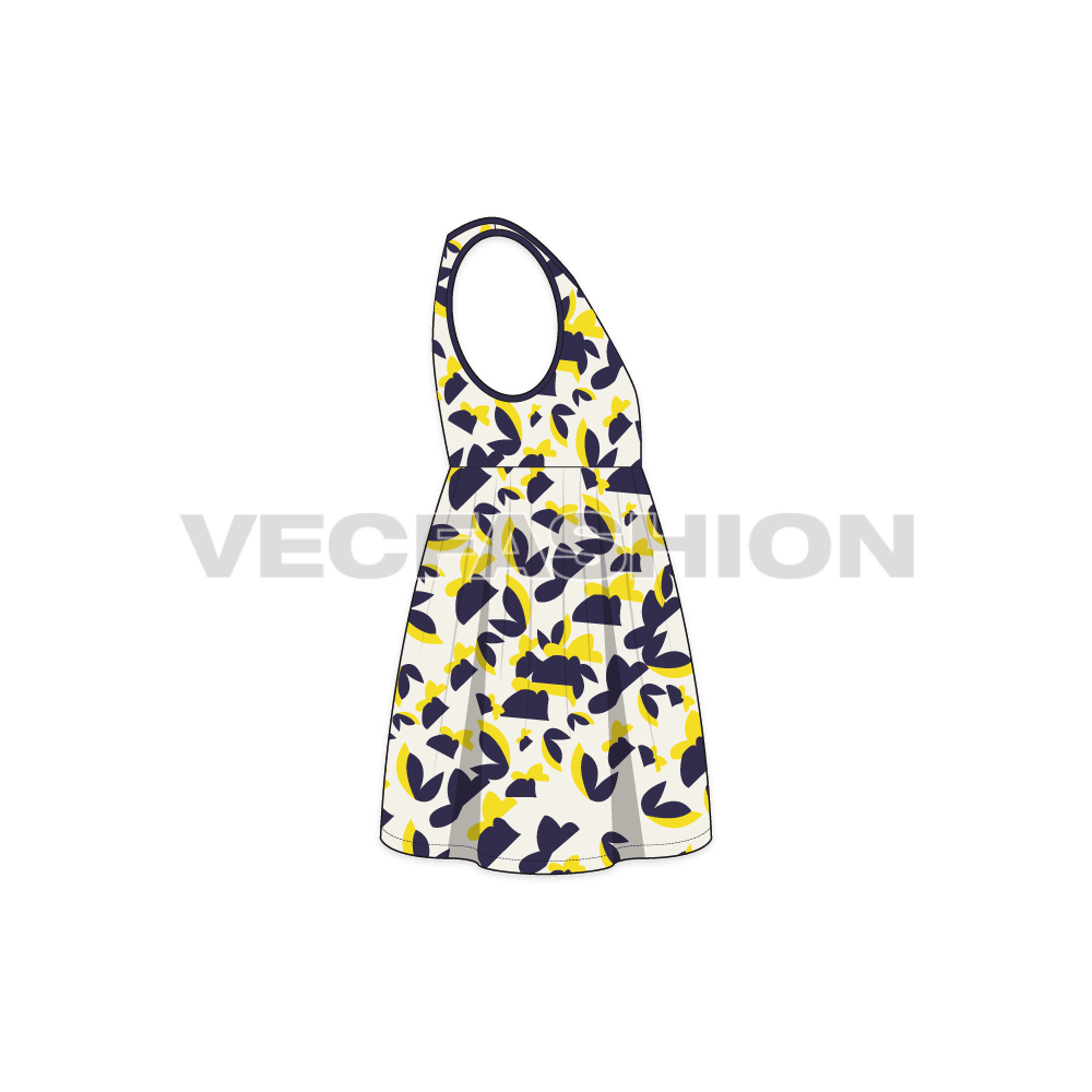 Kids girls printed frock flat sketch, side view