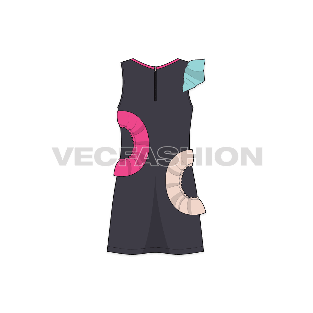 Kids girls ruffled dress flat sketch, back view