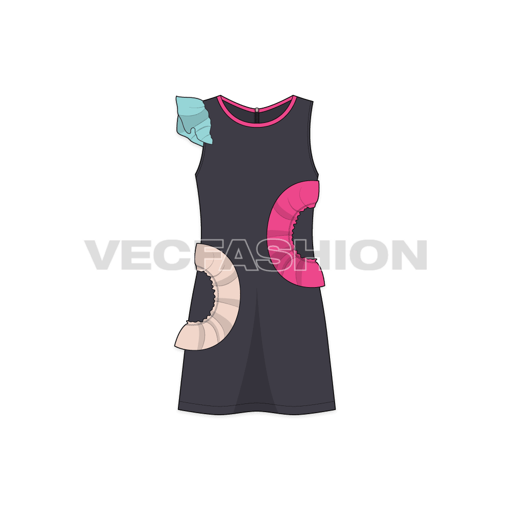 Kids girls ruffled dress flat sketch, front view