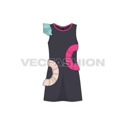 Kids girls ruffled dress flat sketch, front view