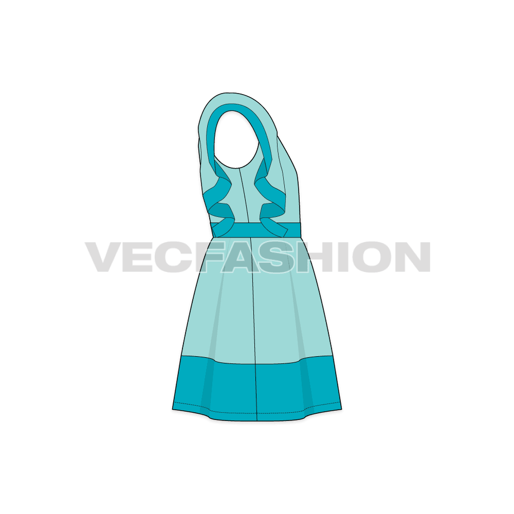 Kids girls sailors cut frock flat sketch, side view