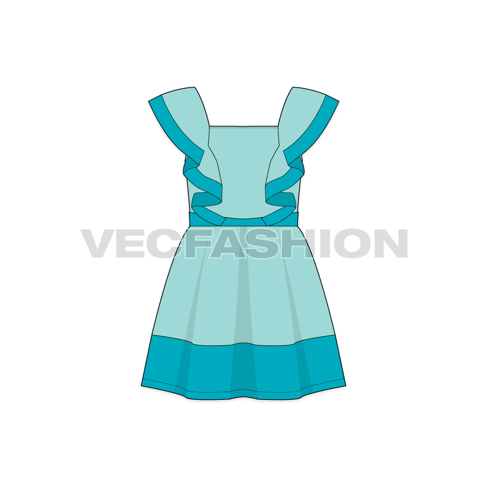 Kids girls sailors cut frock flat sketch, front view