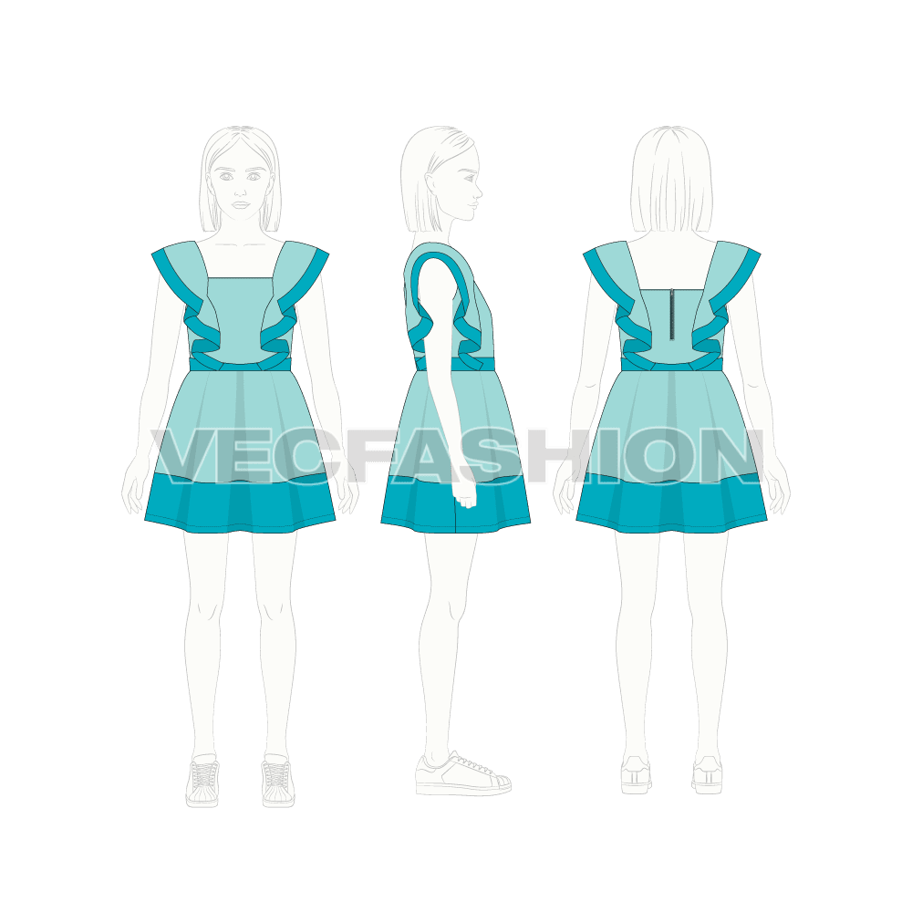 Kids girls sailors cut frock flat sketch, croqui sketch
