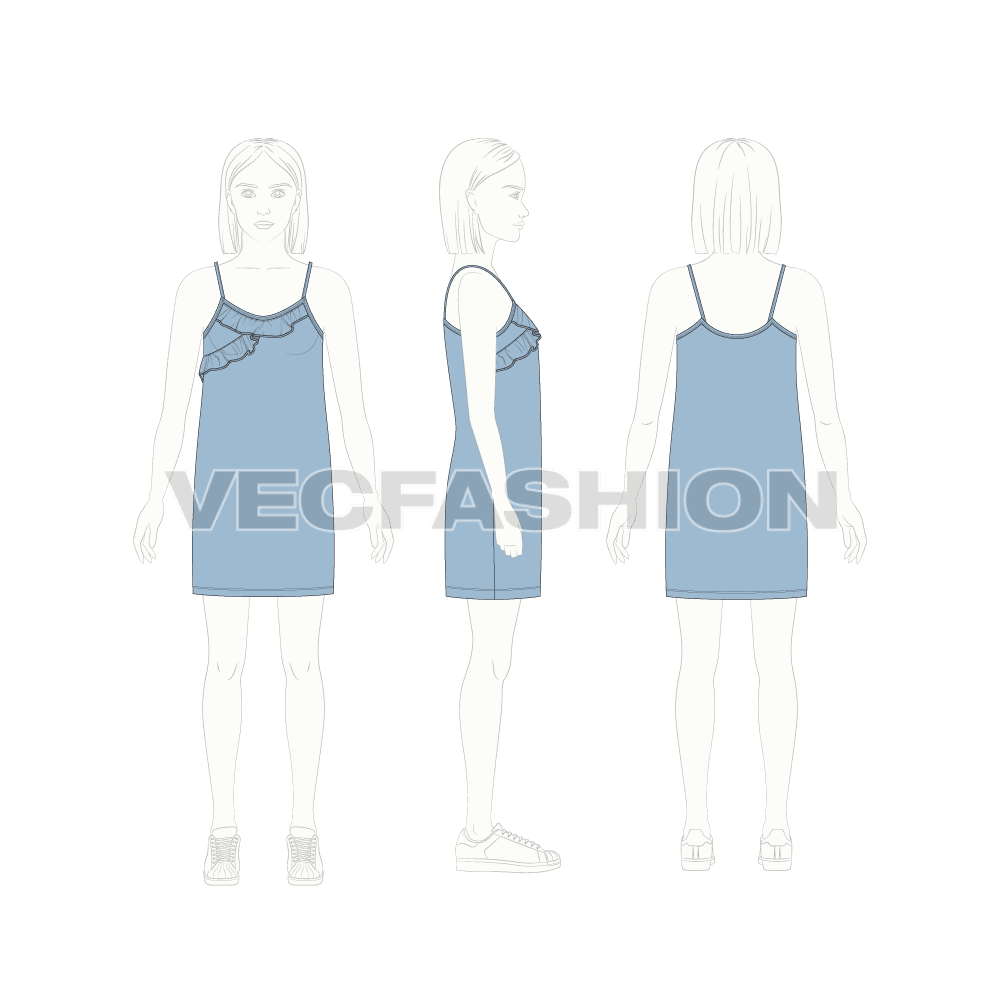 Kids girls strap-on dress flat sketch, croqui sketch
