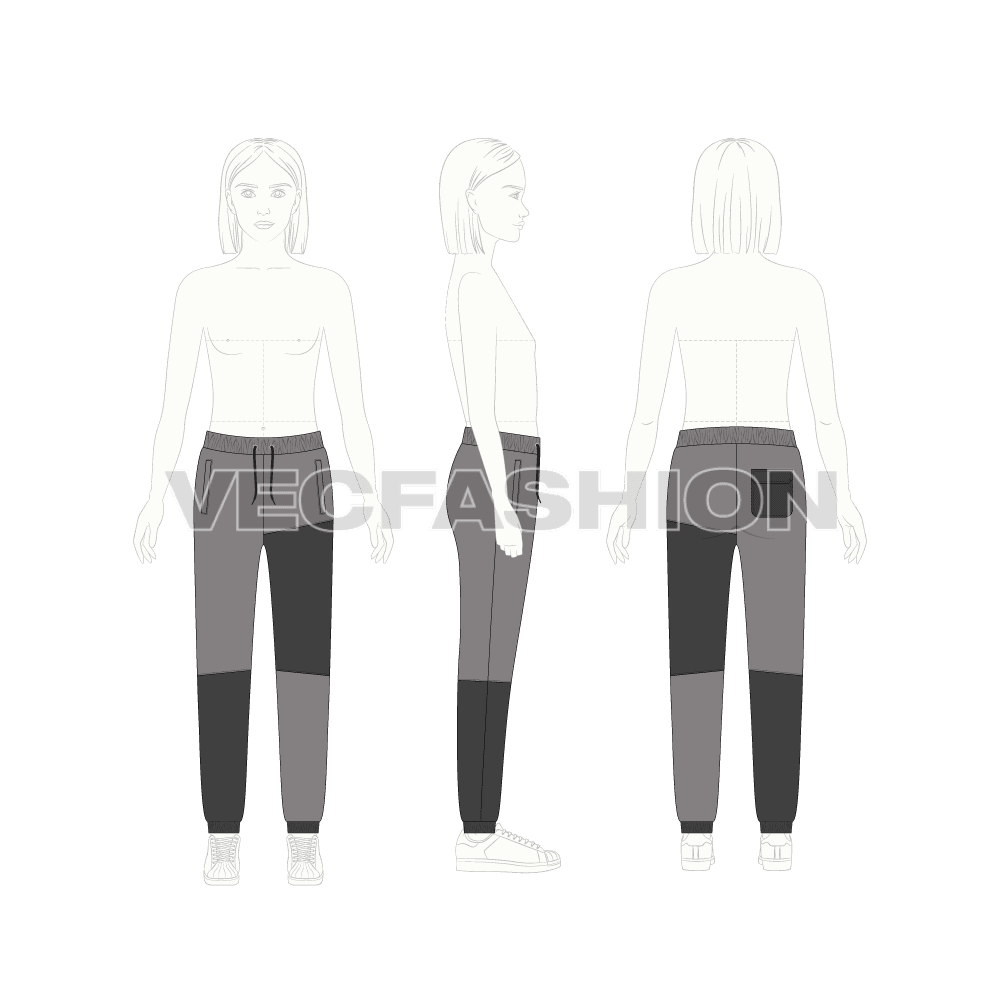Kids girls streetwear joggers flat sketch, croqui sketch