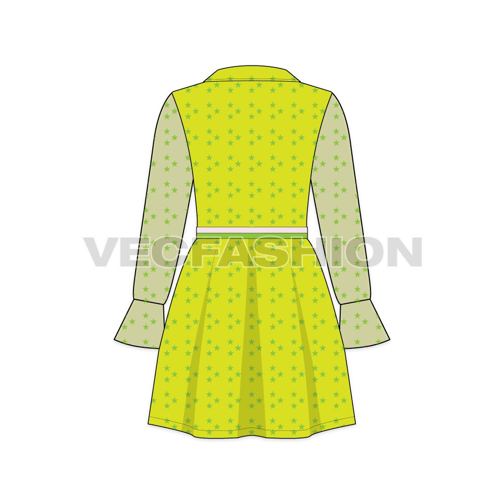 Kids girls stylish dress flat sketch, back view