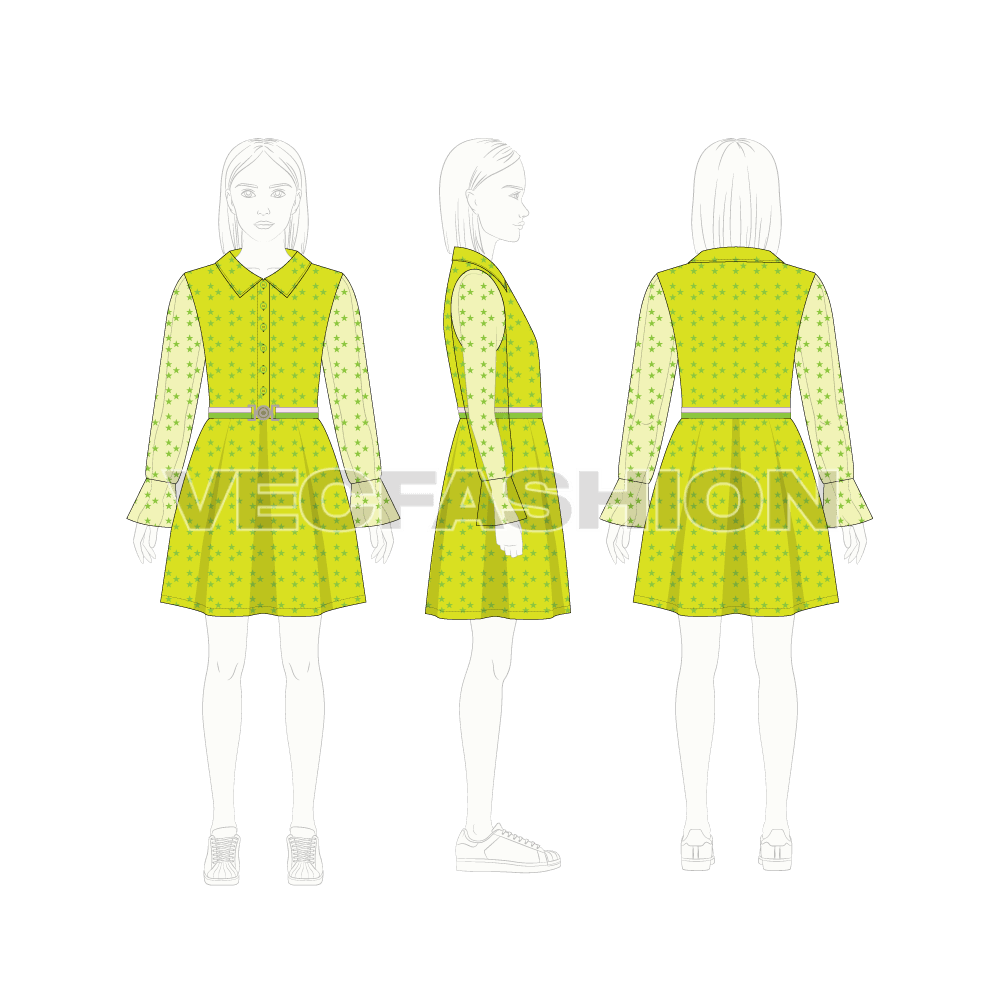 Kids girls stylish dress flat sketch, croqui sketch
