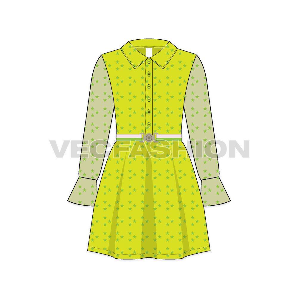 Kids girls stylish dress flat sketch, front view