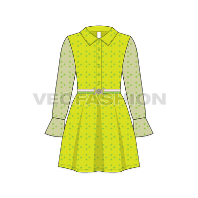 Kids girls stylish dress flat sketch, front view