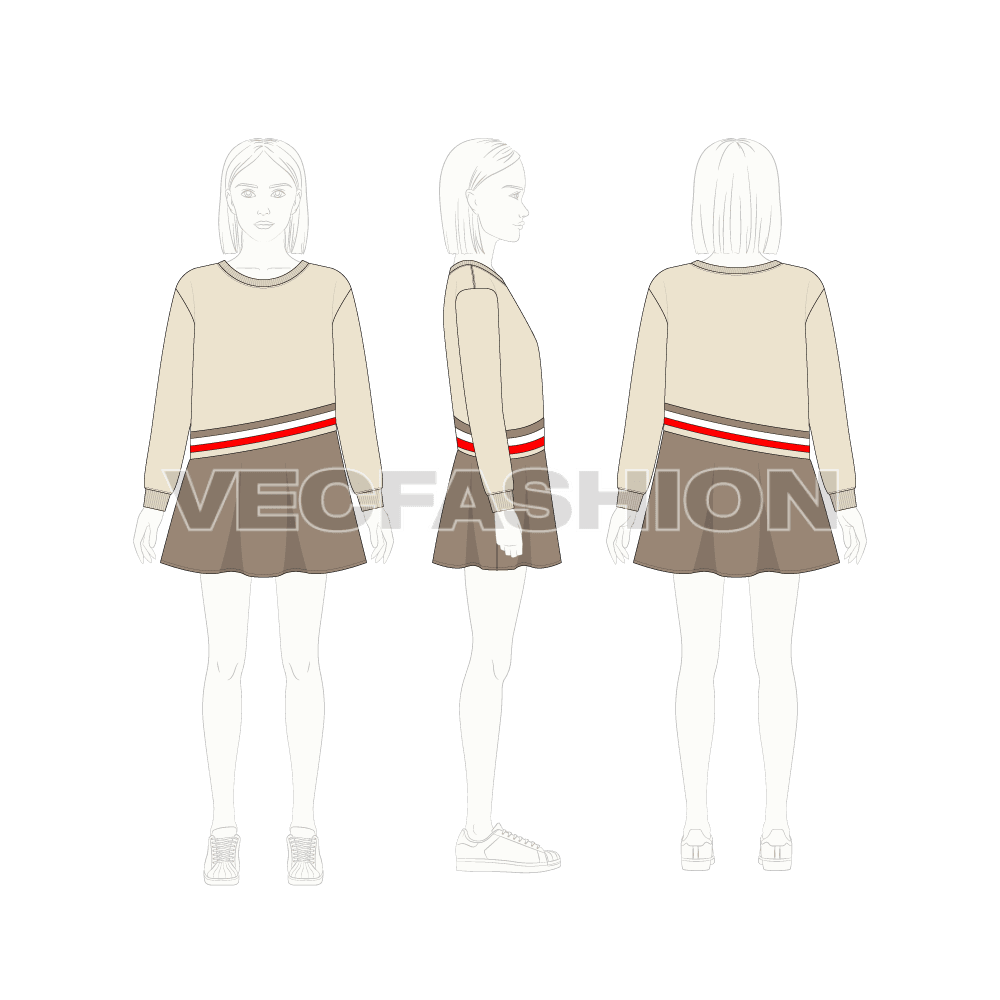 Kids girls stylish frock flat sketch, croqui sketch