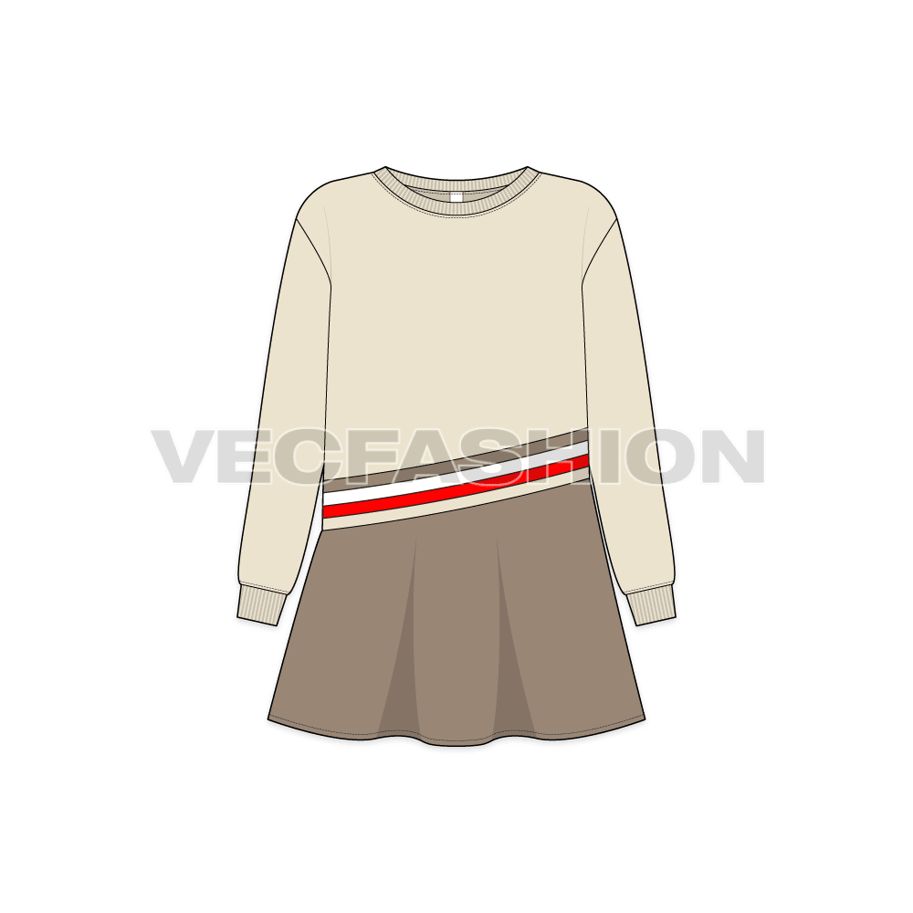 Kids girls stylish frock flat sketch, front view