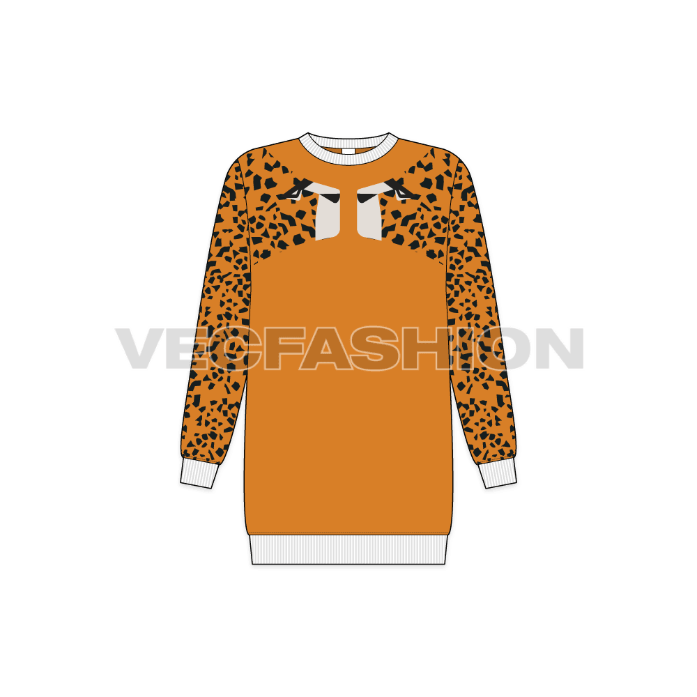 Kids girls sweatshirt, animal print flat sketch, front view