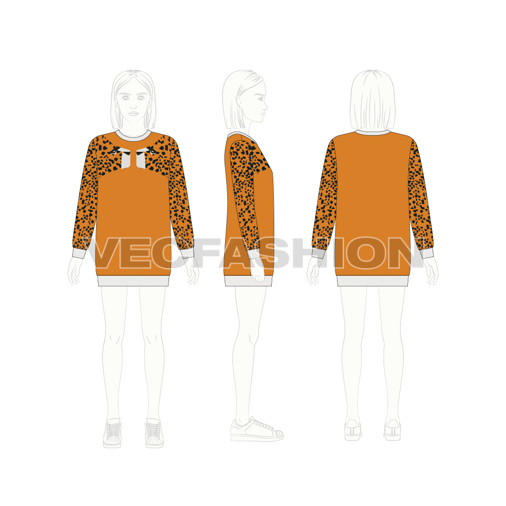 Kids girls sweatshirt, animal print flat sketch, croqui sketch