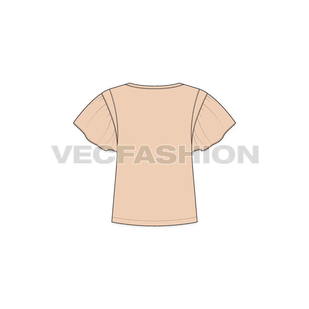 Kids girls tee with ruffles flat sketch, back view