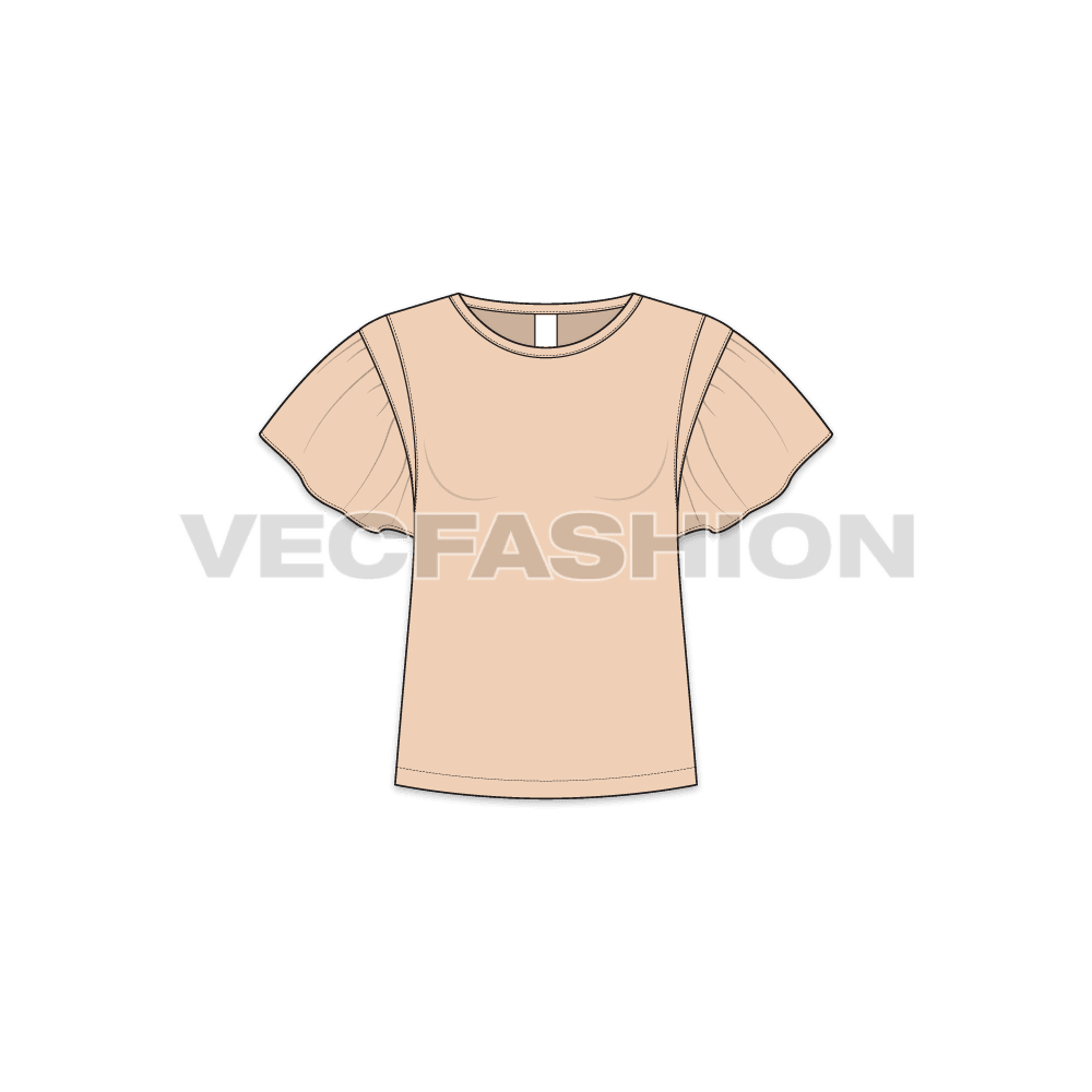 Kids girls tee with ruffles flat sketch, front view