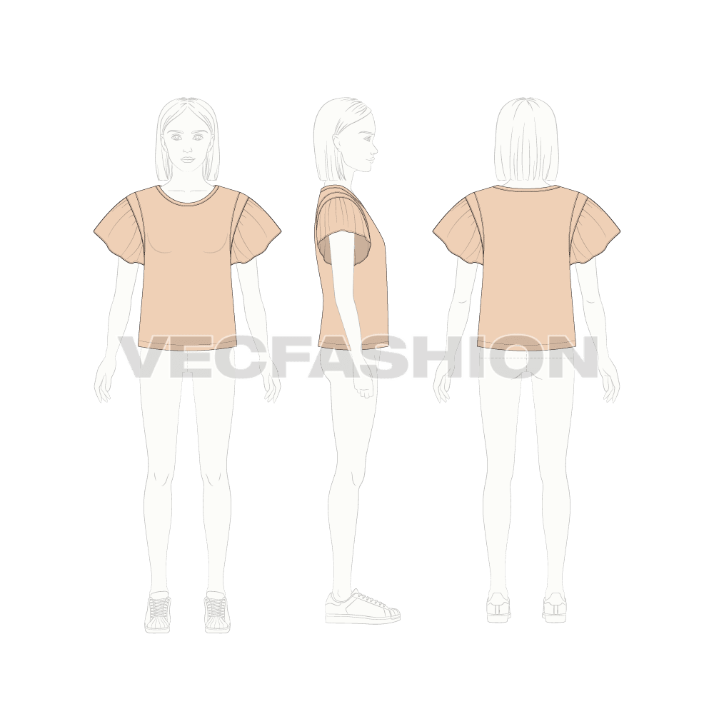 Kids girls tee with ruffles flat sketch, croqui sketch