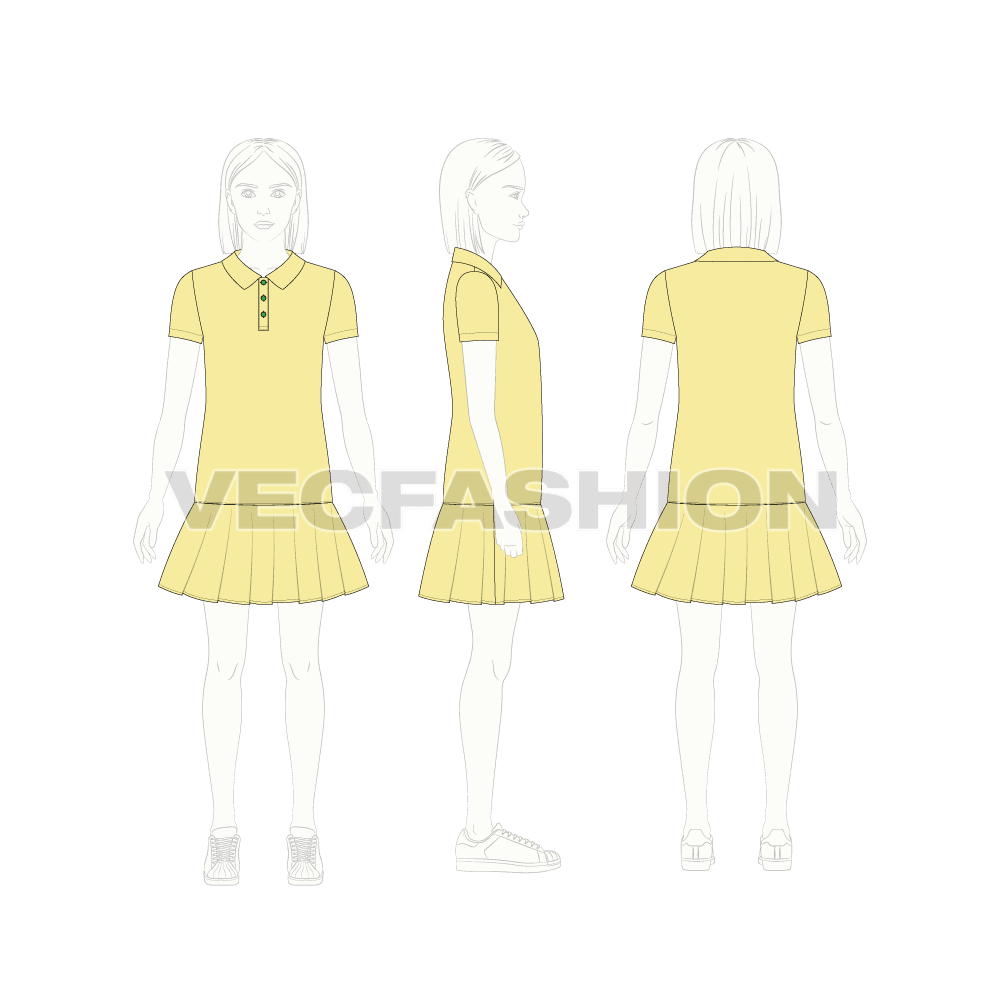 Kids girls tennis dress flat sketch, croqui sketch