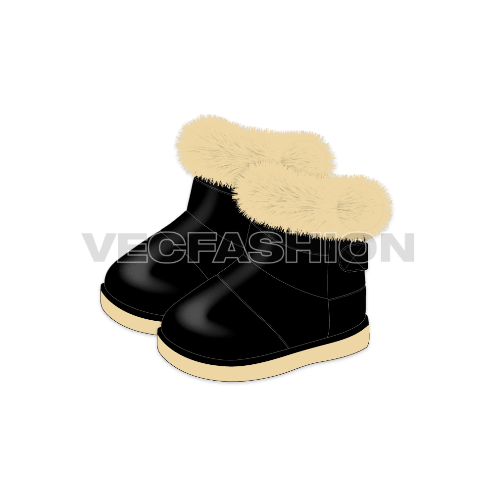 An illustrator fashion cad for Kids Winter Shoes. It is a detailed illustration showing fur detailing and leather shading.  