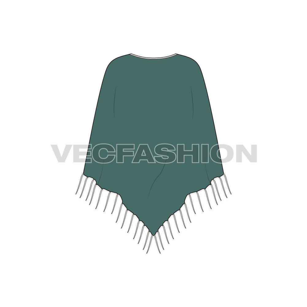 Knitted poncho with tassels flat sketch, back view