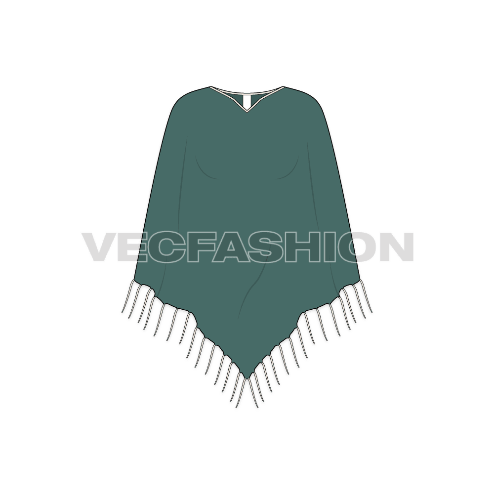 Knitted poncho with tassels flat sketch, front view