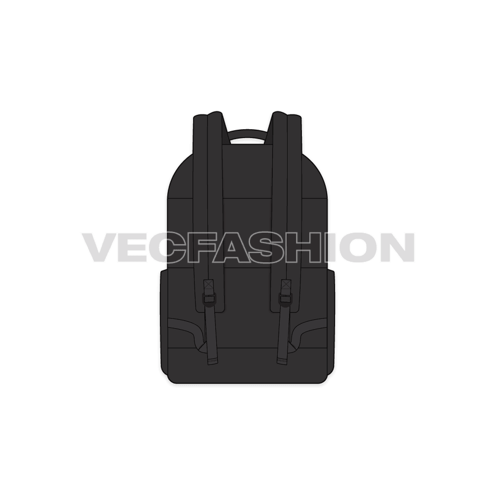 A vector illustrator cad of Laptop and Travel Backpack. It has pockets on front and sides and straps on the back.