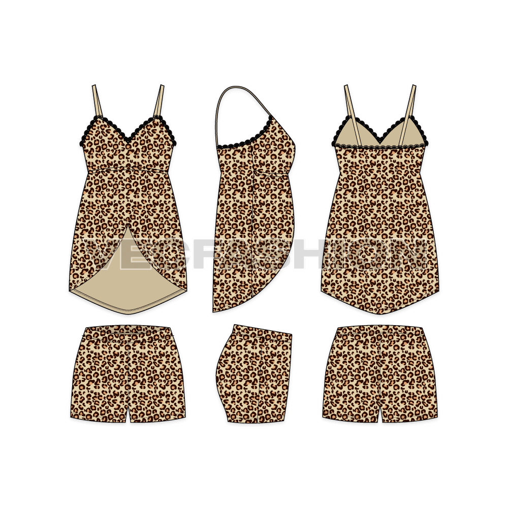 A vector template sketch for Women's Leopard Textured Loungewear. It has a curved hem like arches with extended back. There is leopard all over print on complete set. The shorts have elasticated waistband with contrast edging. 