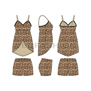 A vector template sketch for Women's Leopard Textured Loungewear. It has a curved hem like arches with extended back. There is leopard all over print on complete set. The shorts have elasticated waistband with contrast edging. 