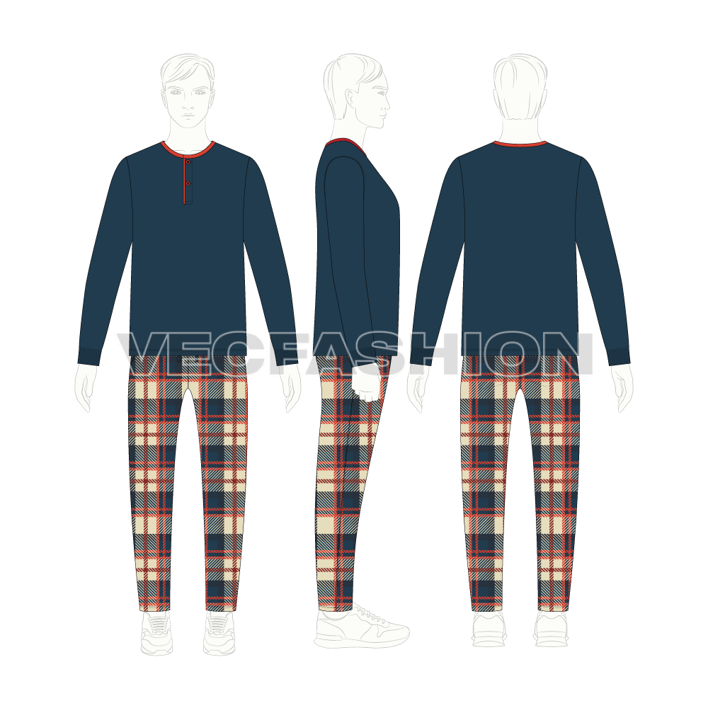 Mens loungewear pajama set flat sketch, on croqui